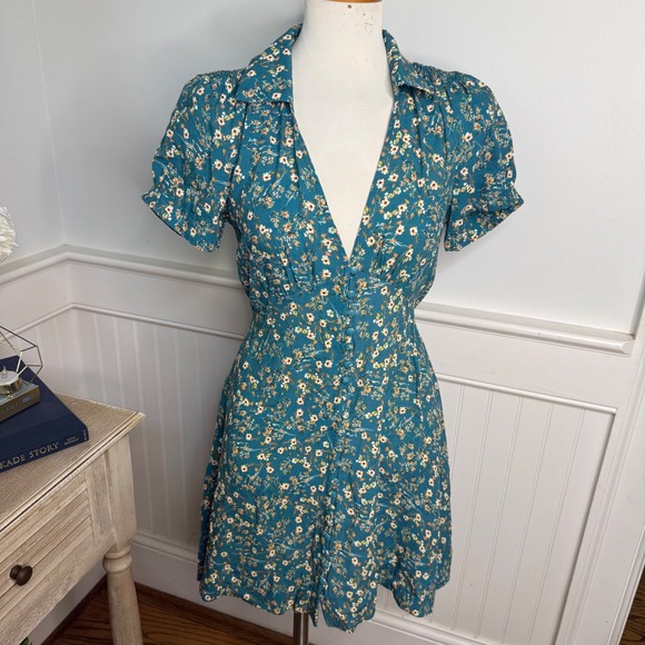 NATURAL LIFE Dresses & Skirts - Natural Life Teal Floral Button Front Mini Dress Short Puff Sleeve XS Boho NWOT